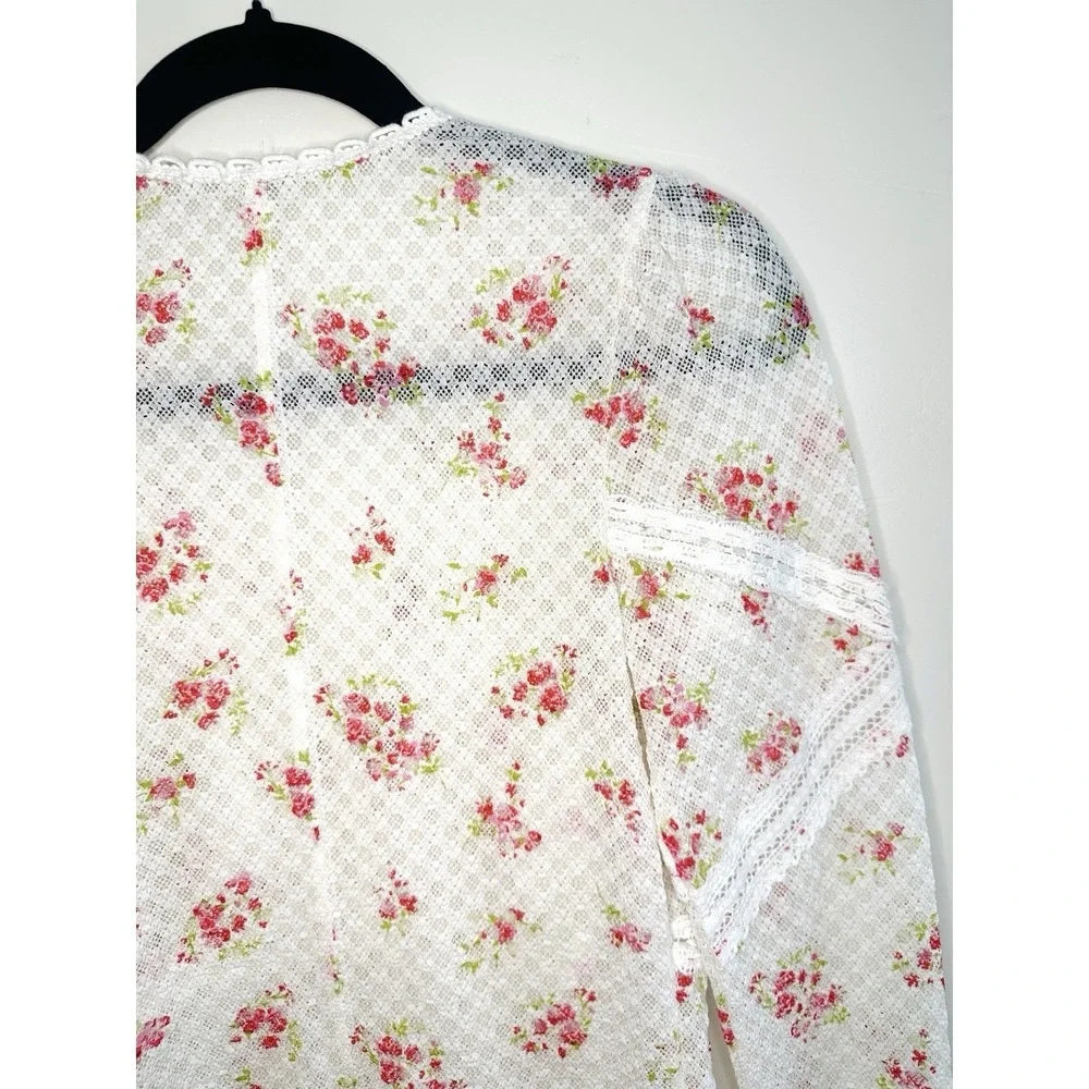 Free People Kika Printed Top Floral Lace Cardigan White Pink M Coquette Cutecore - Picture 12 of 16